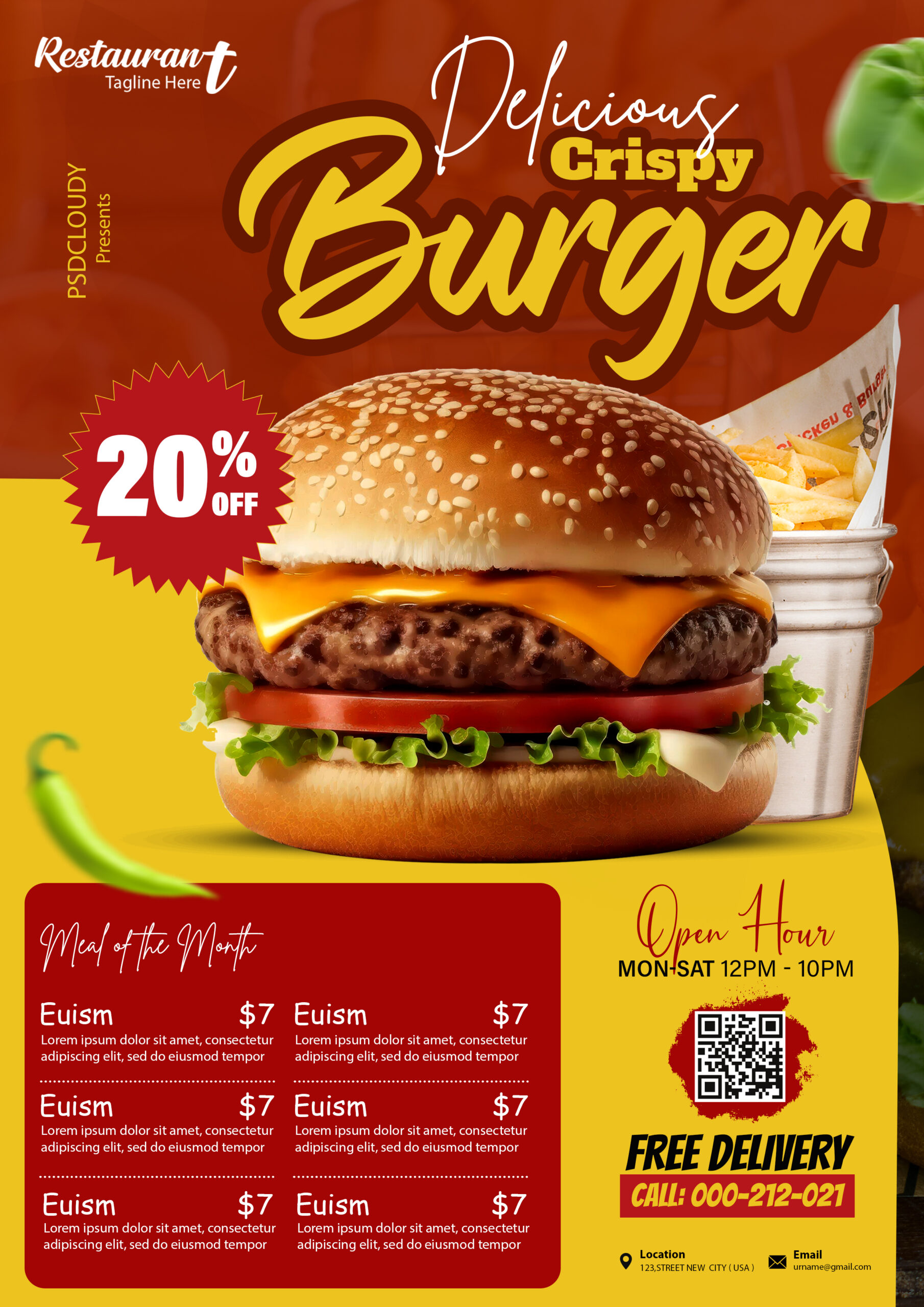Delicious Crispy Burger and Food Menu Flyer Free PSD Download